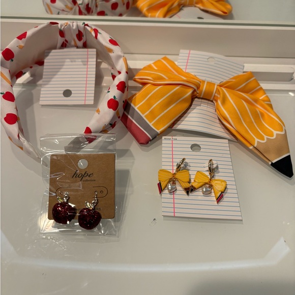 Accessories - Women's 4 Piece Teacher Gift hair bow matching earrings, headband apple …